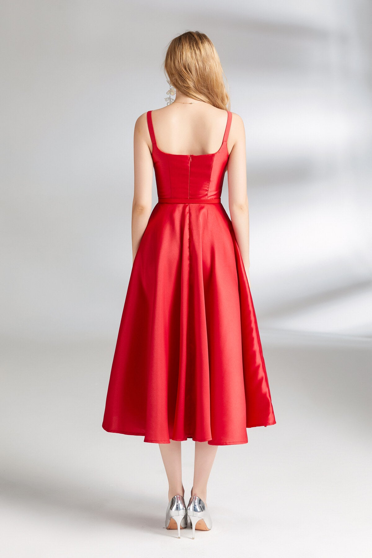 audrey hepburn spaghetti strap flare dress all red 4