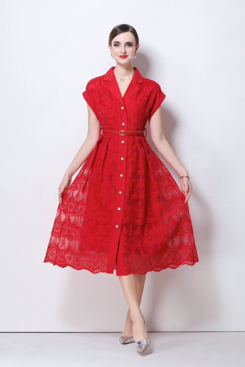 Aurielle Lace Shirt Collar Midi Dress