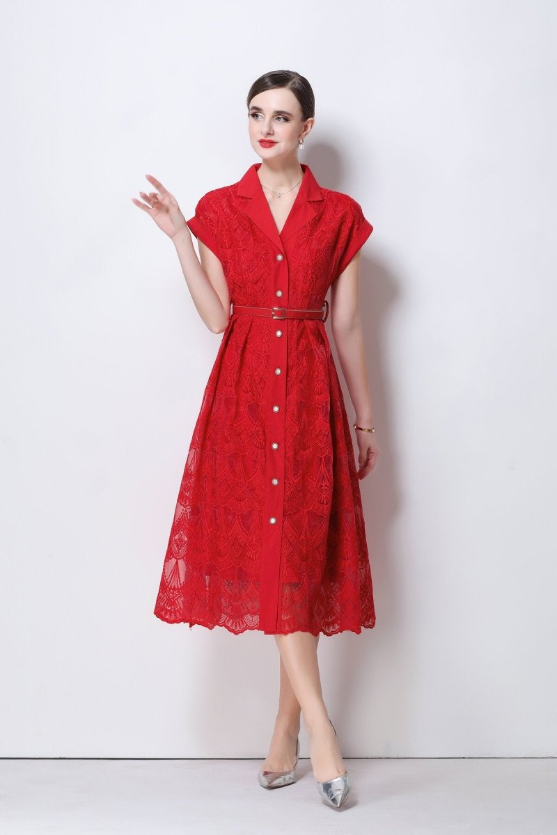 Aurielle Lace Shirt Collar Midi Dress