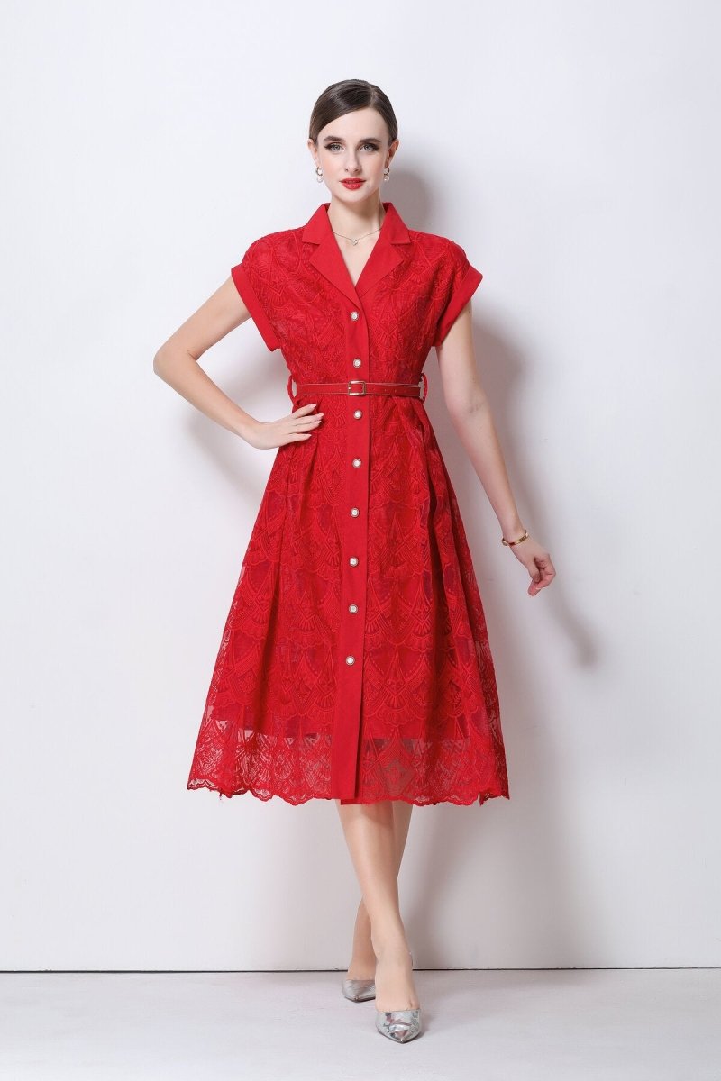 Aurielle Lace Shirt Collar Midi Dress