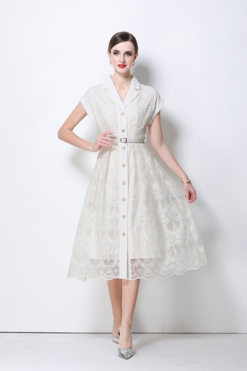 Aurielle Lace Shirt Collar Midi Dress