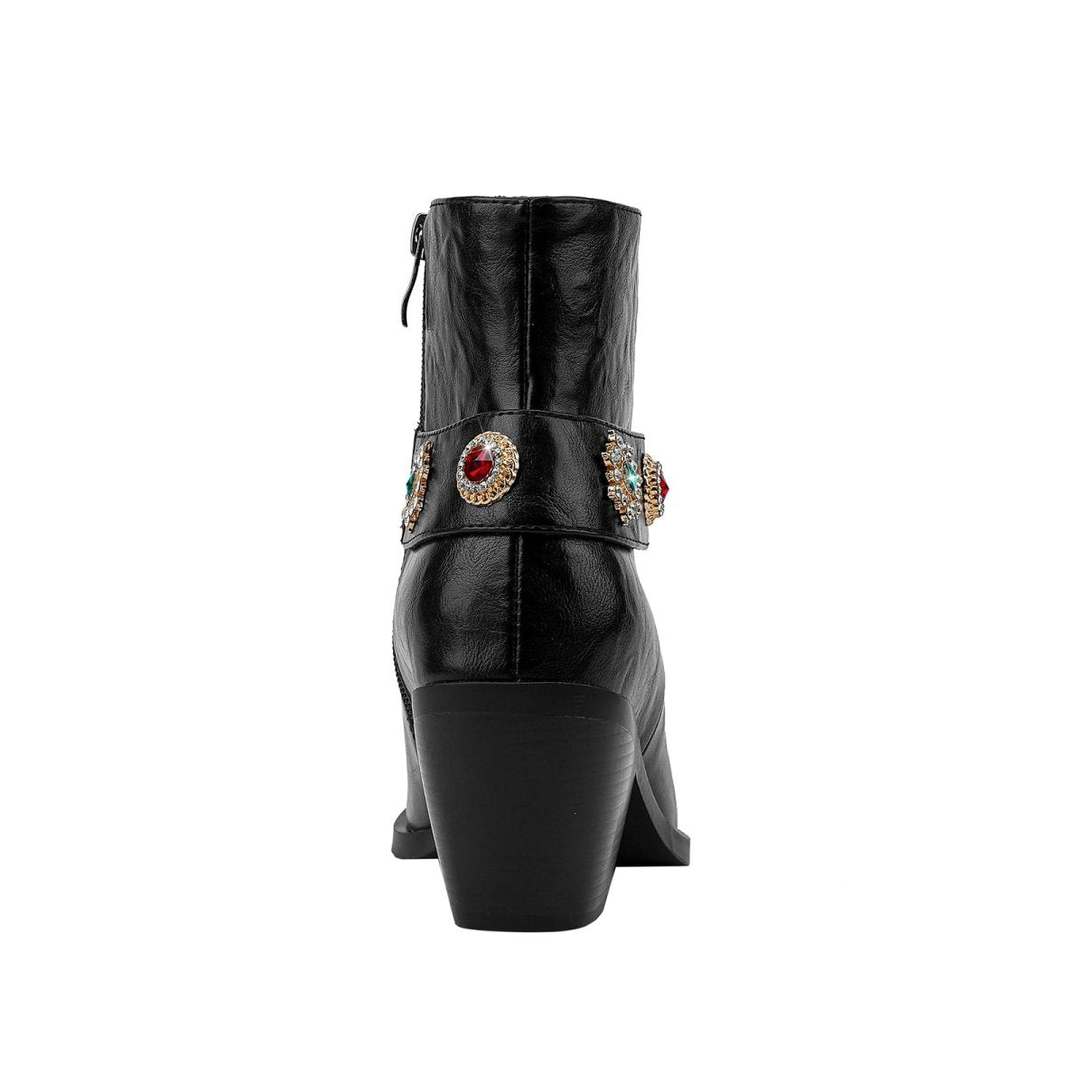 Autumn Crystal Embellished Strap Western Black Ankle Boots - 0cm