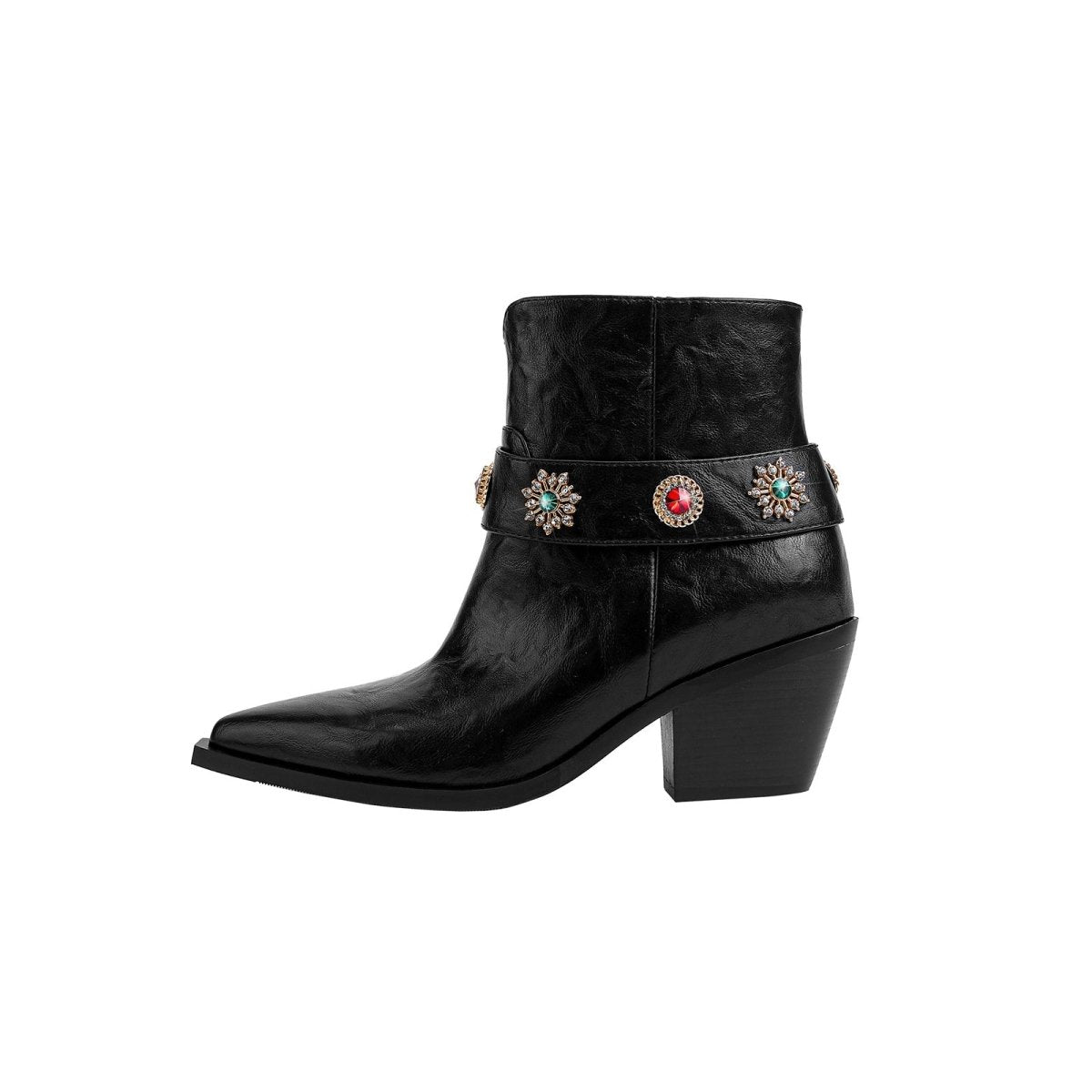 Autumn Crystal Embellished Strap Western Black Ankle Boots - 0cm