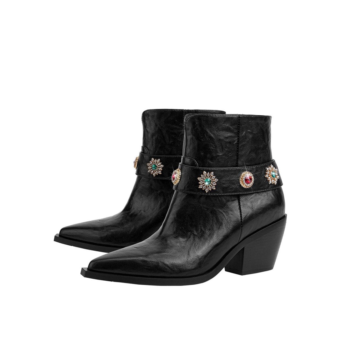 Autumn Crystal Embellished Strap Western Black Ankle Boots - 0cm