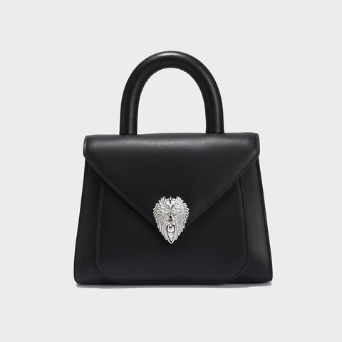 Avant Garde Silver Chain Strap Leather Top Handle Bag – Swan Handle Calfskin Bag with Ornate Lion Clasp