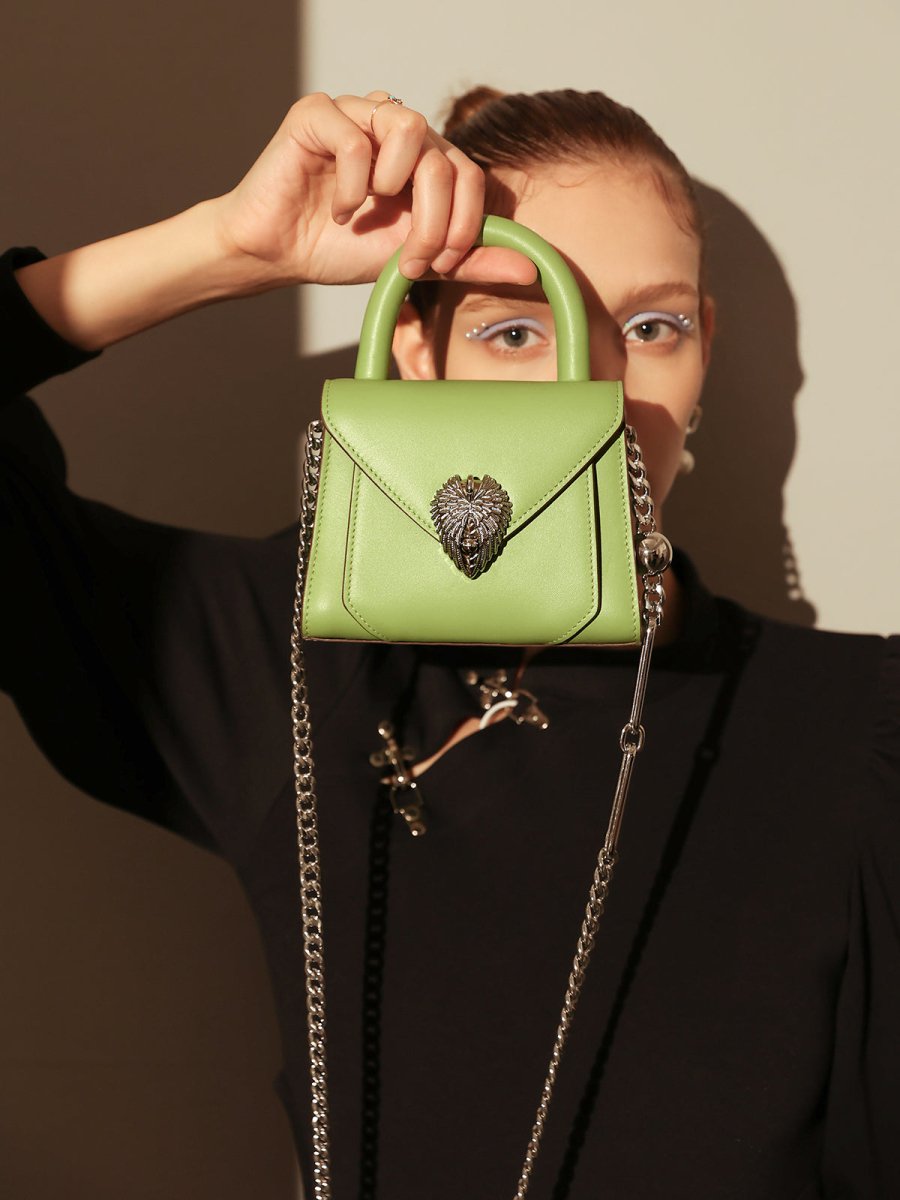 Avant Garde Silver Chain Strap Leather Top Handle Bag – Swan Handle Calfskin Bag with Ornate Lion Clasp