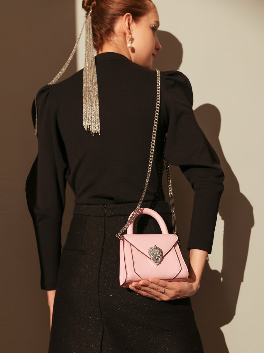 Avant Garde Silver Chain Strap Leather Top Handle Bag – Swan Handle Calfskin Bag with Ornate Lion Clasp