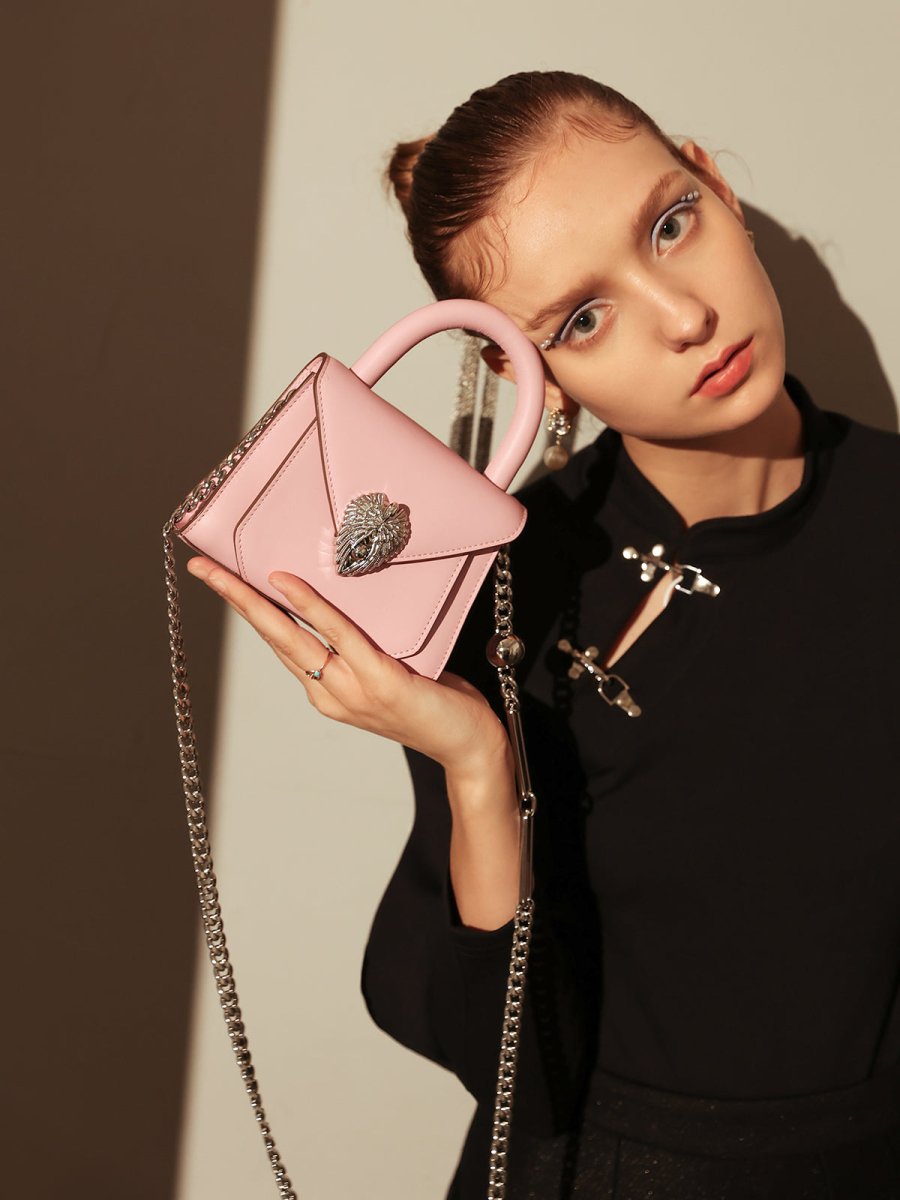 Avant Garde Silver Chain Strap Leather Top Handle Bag – Swan Handle Calfskin Bag with Ornate Lion Clasp