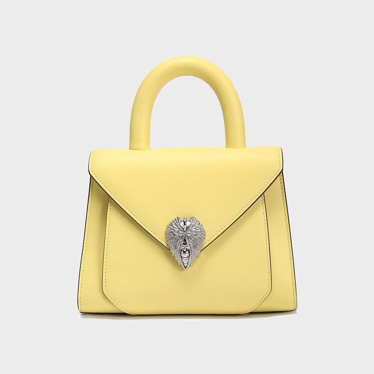 Avant Garde Silver Chain Strap Leather Top Handle Bag – Swan Handle Calfskin Bag with Ornate Lion Clasp