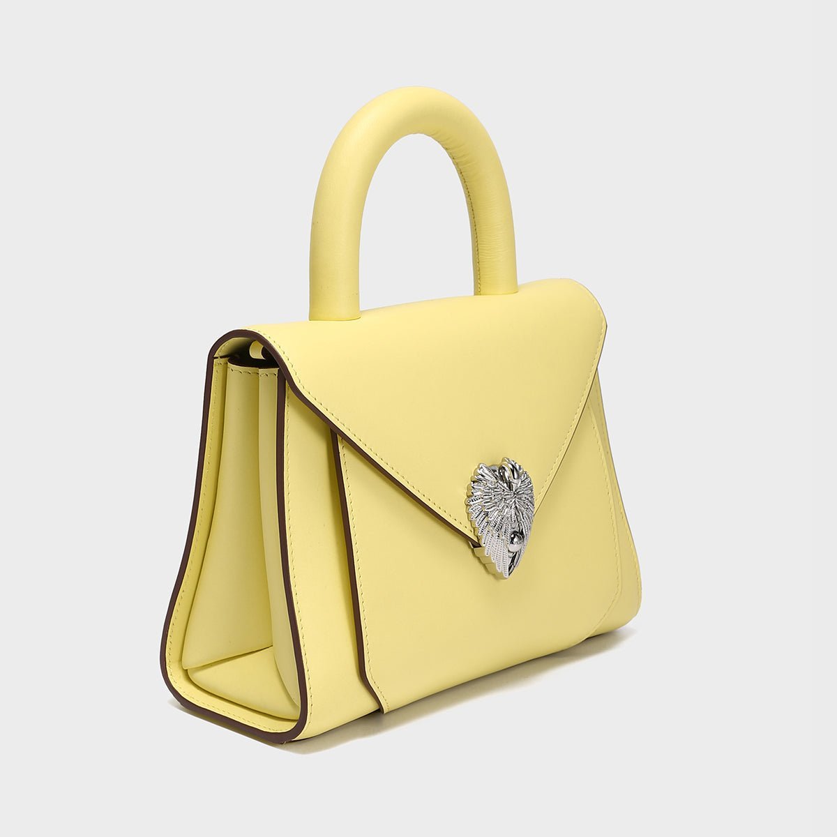 Avant Garde Silver Chain Strap Leather Top Handle Bag – Swan Handle Calfskin Bag with Ornate Lion Clasp