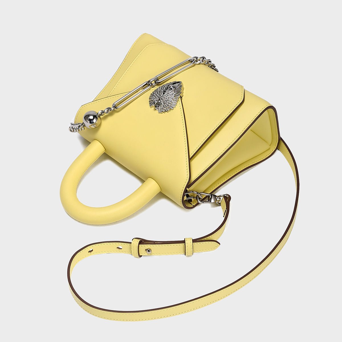 Avant Garde Silver Chain Strap Leather Top Handle Bag – Swan Handle Calfskin Bag with Ornate Lion Clasp