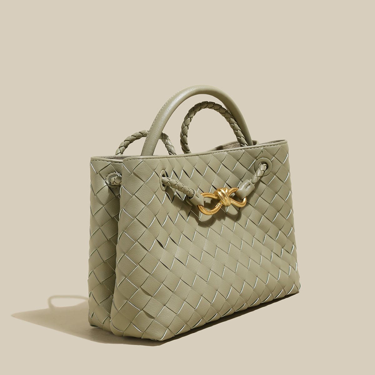 Avocado Woven Tote Bag – Structured Braided Handbag with Gold Knot Closure & Convertible Strap