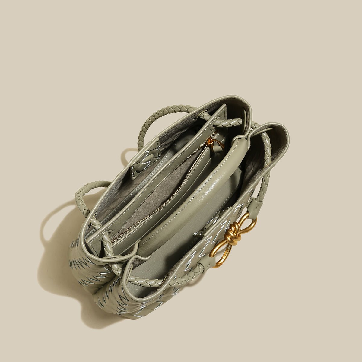 Avocado Woven Tote Bag – Structured Braided Handbag with Gold Knot Closure & Convertible Strap