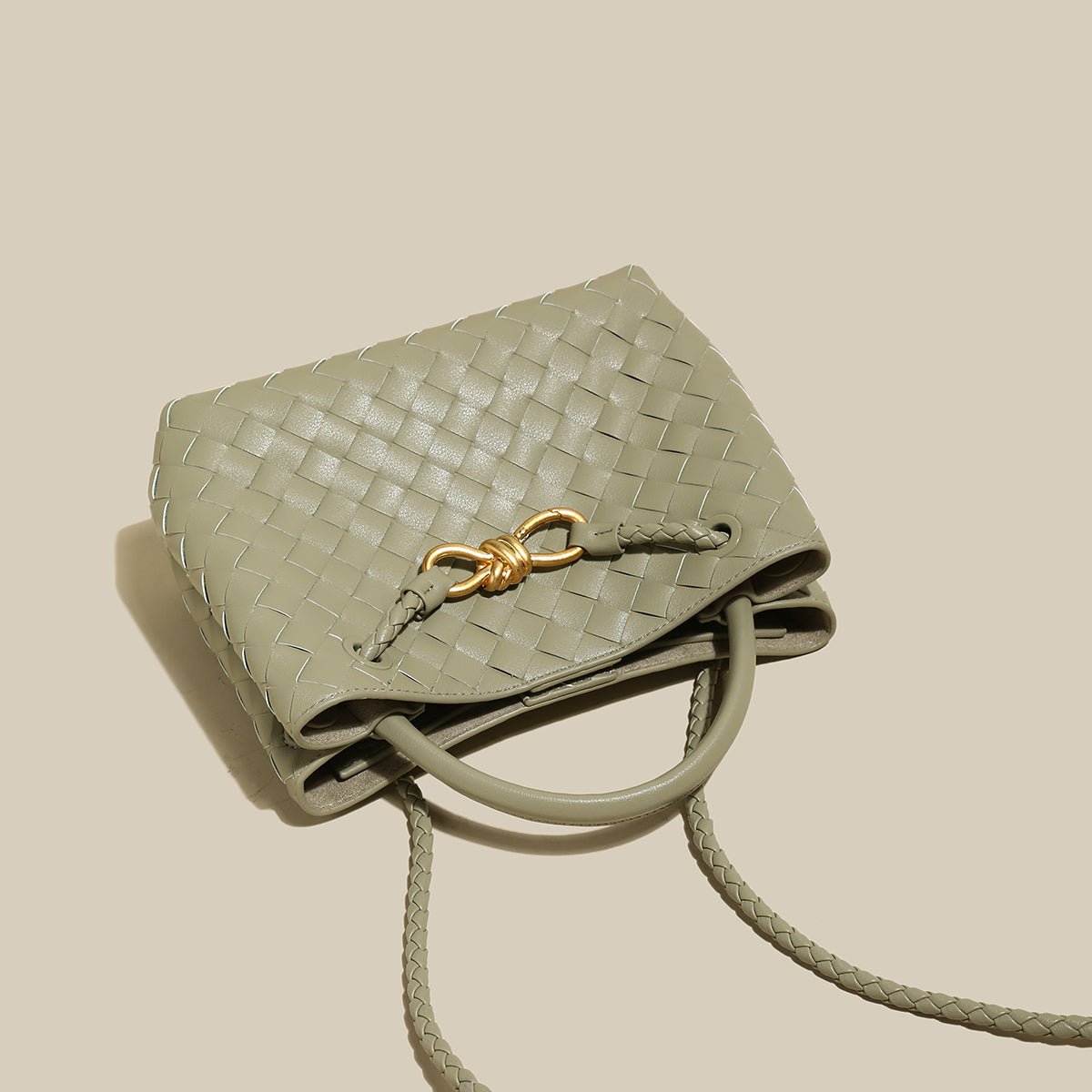 Avocado Woven Tote Bag – Structured Braided Handbag with Gold Knot Closure & Convertible Strap