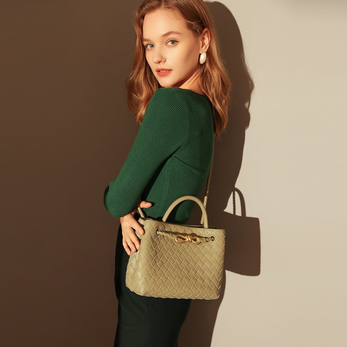 Avocado Woven Tote Bag – Structured Braided Handbag with Gold Knot Closure & Convertible Strap
