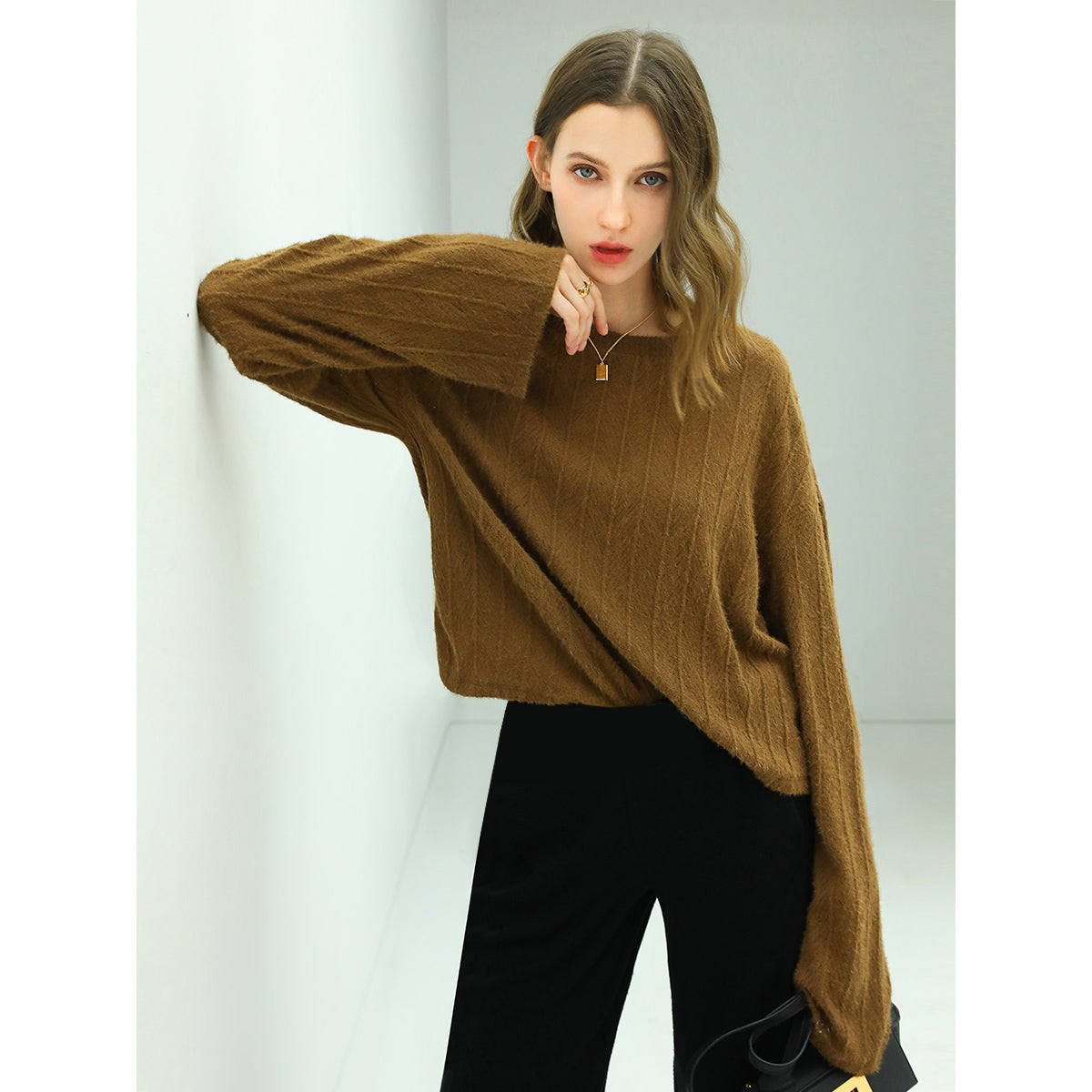 baggy trumpet sleeved textured stripe knit top all brown 2