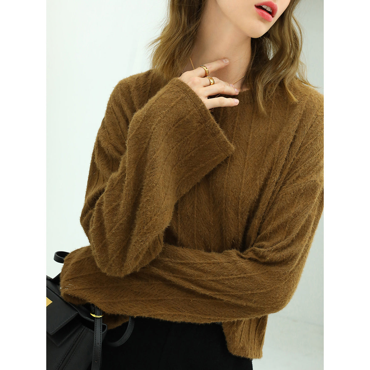 baggy trumpet sleeved textured stripe knit top all brown 3