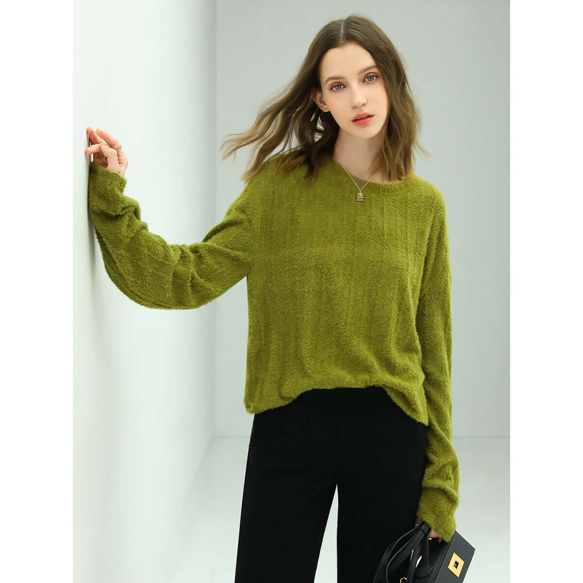 baggy trumpet sleeved textured stripe knit top all green 1