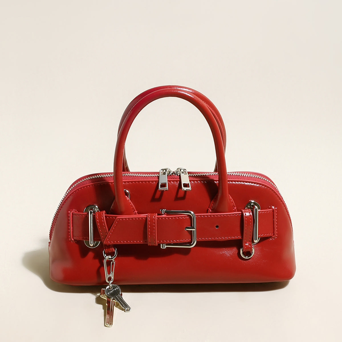 baguette belted clasp top handle bag red 1