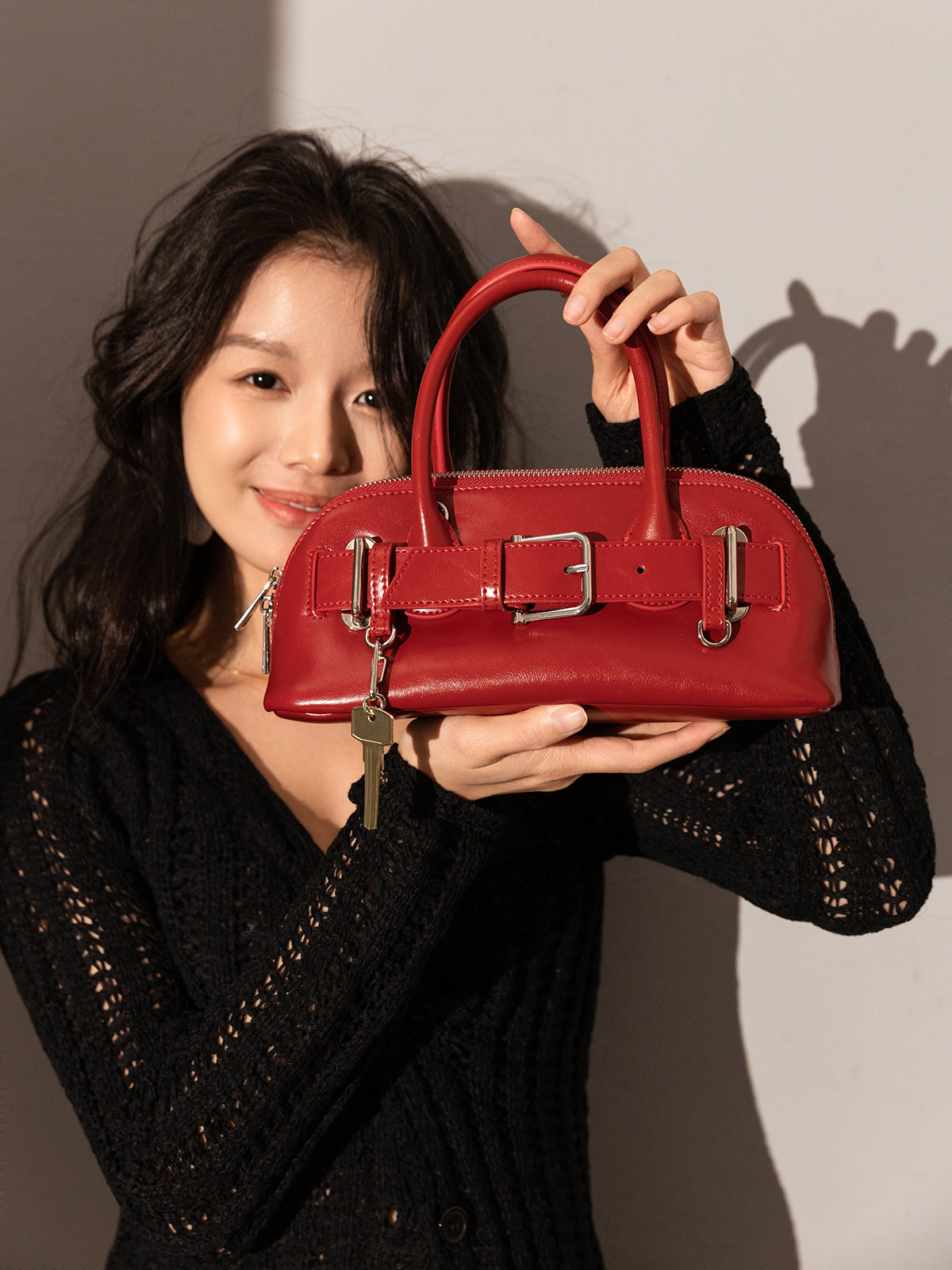 baguette belted clasp top handle bag red 2