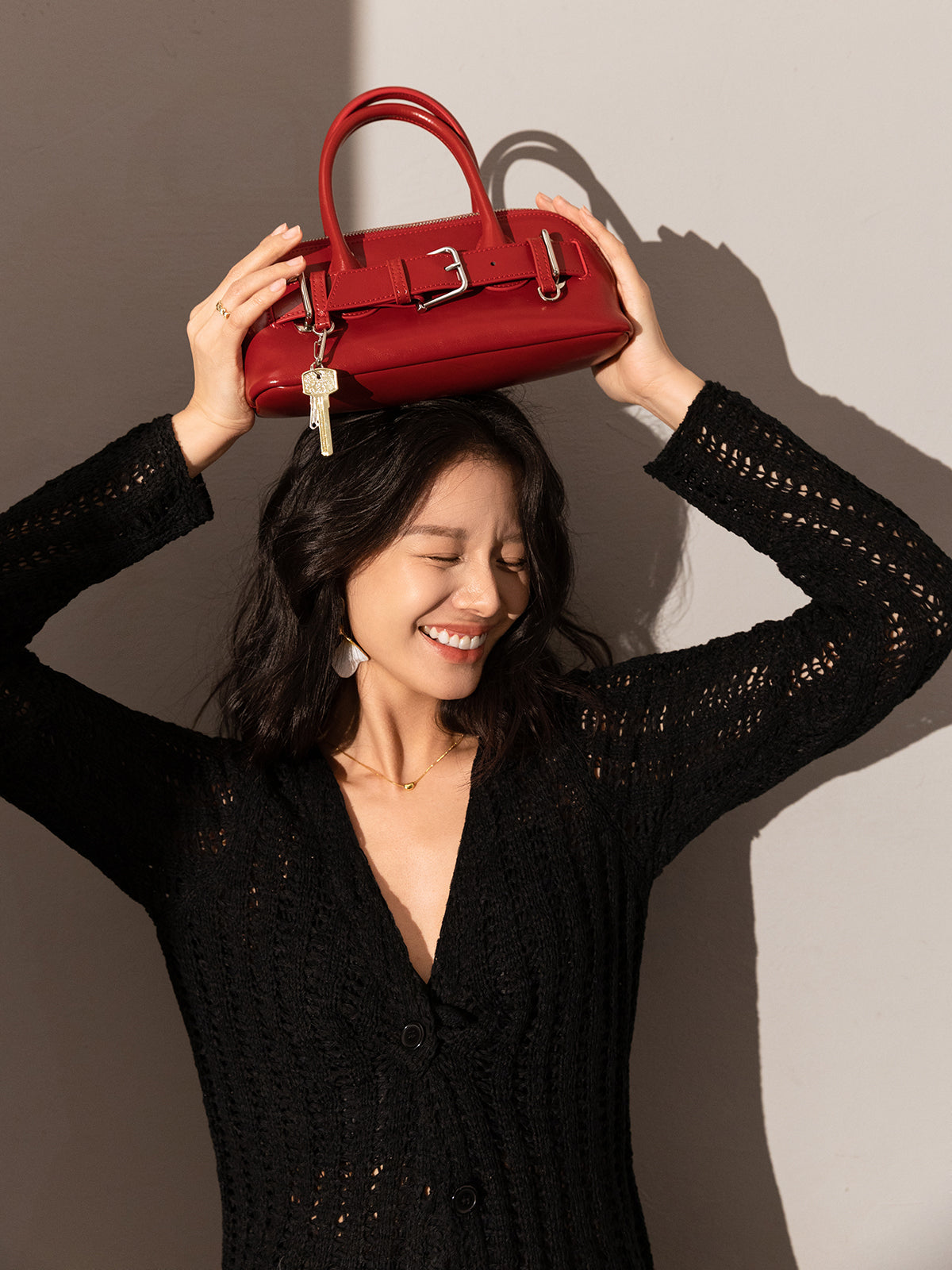 baguette belted clasp top handle bag red 3