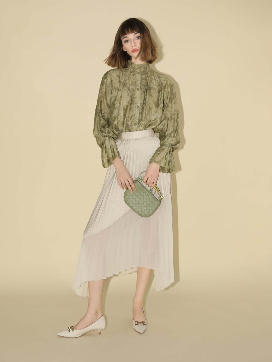 Bamboo Leaf Jacquard Ruffled Long Sleeve Blouse - 0cm