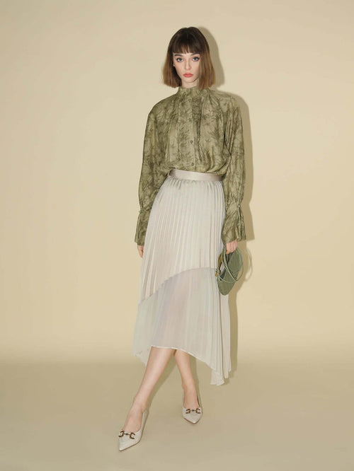 Bamboo Leaf Jacquard Ruffled Long Sleeve Blouse - 0cm