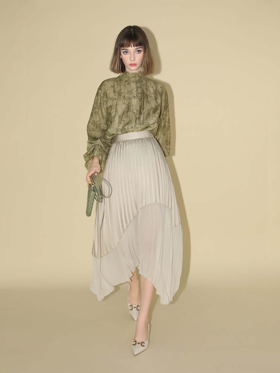 Bamboo Leaf Jacquard Ruffled Long Sleeve Blouse - 0cm
