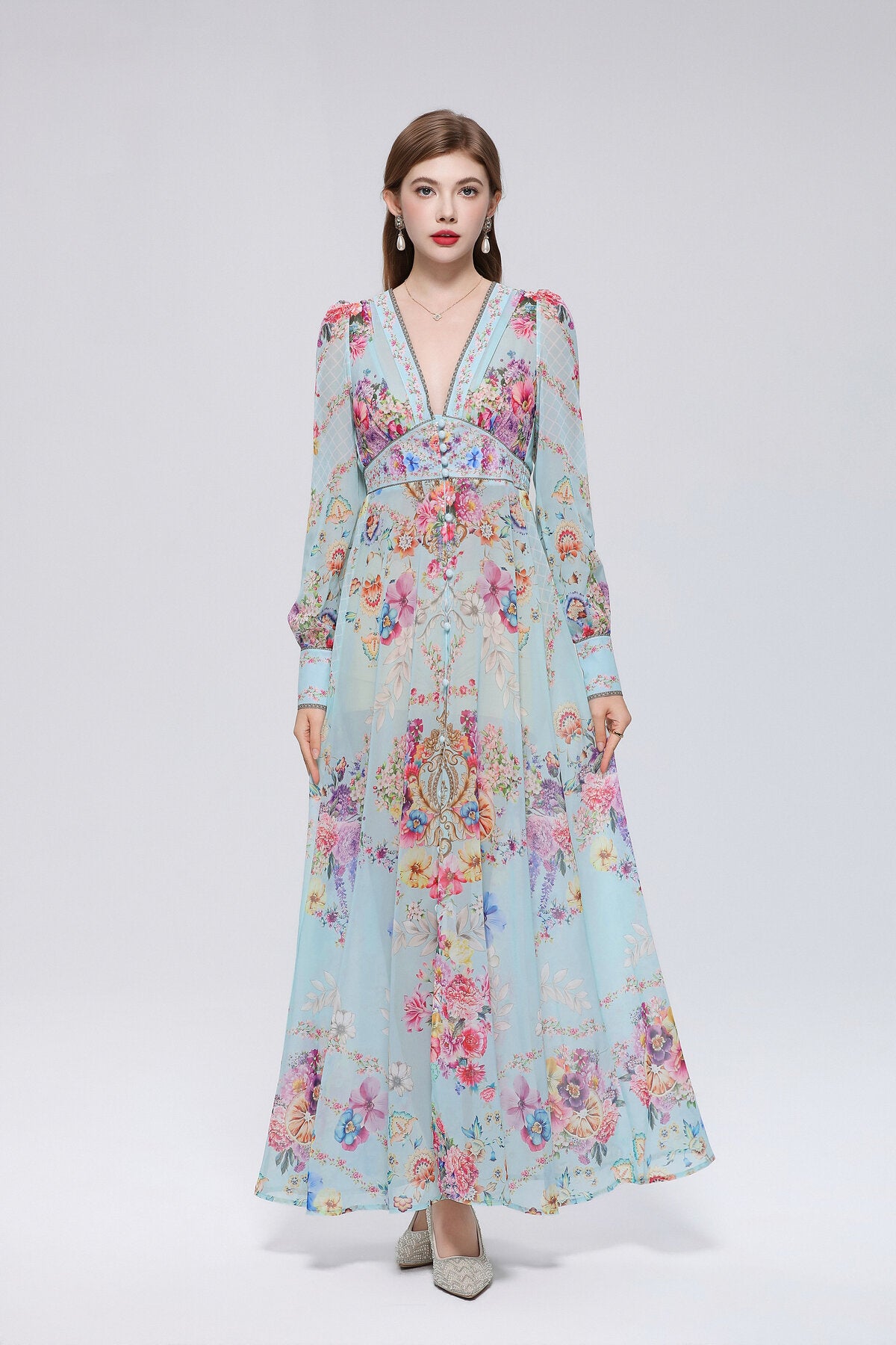 Floral Damask Print Deep V-Neck Maxi Dress with Puff Sleeves and Empire Waist Trim