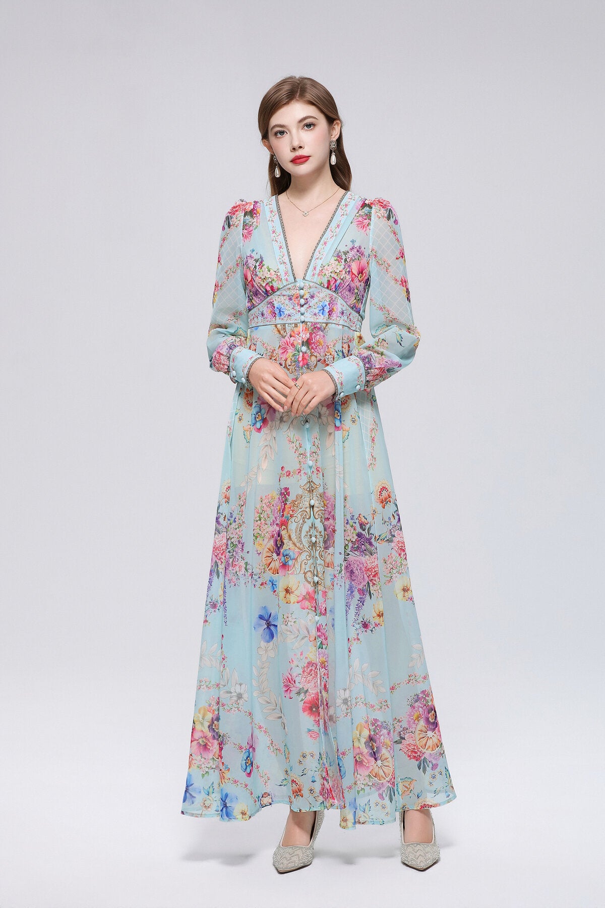 Floral Damask Print Deep V-Neck Maxi Dress with Puff Sleeves and Empire Waist Trim