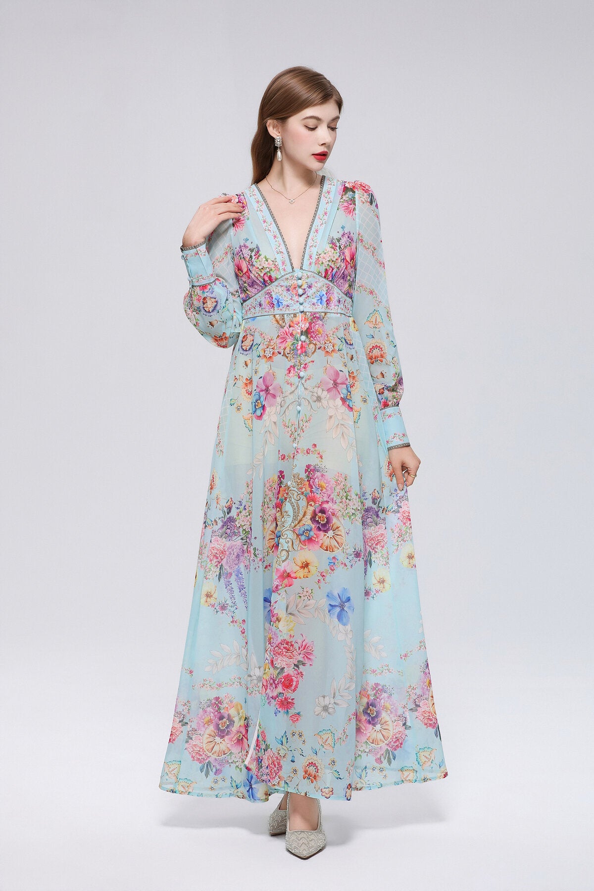 Floral Damask Print Deep V-Neck Maxi Dress with Puff Sleeves and Empire Waist Trim