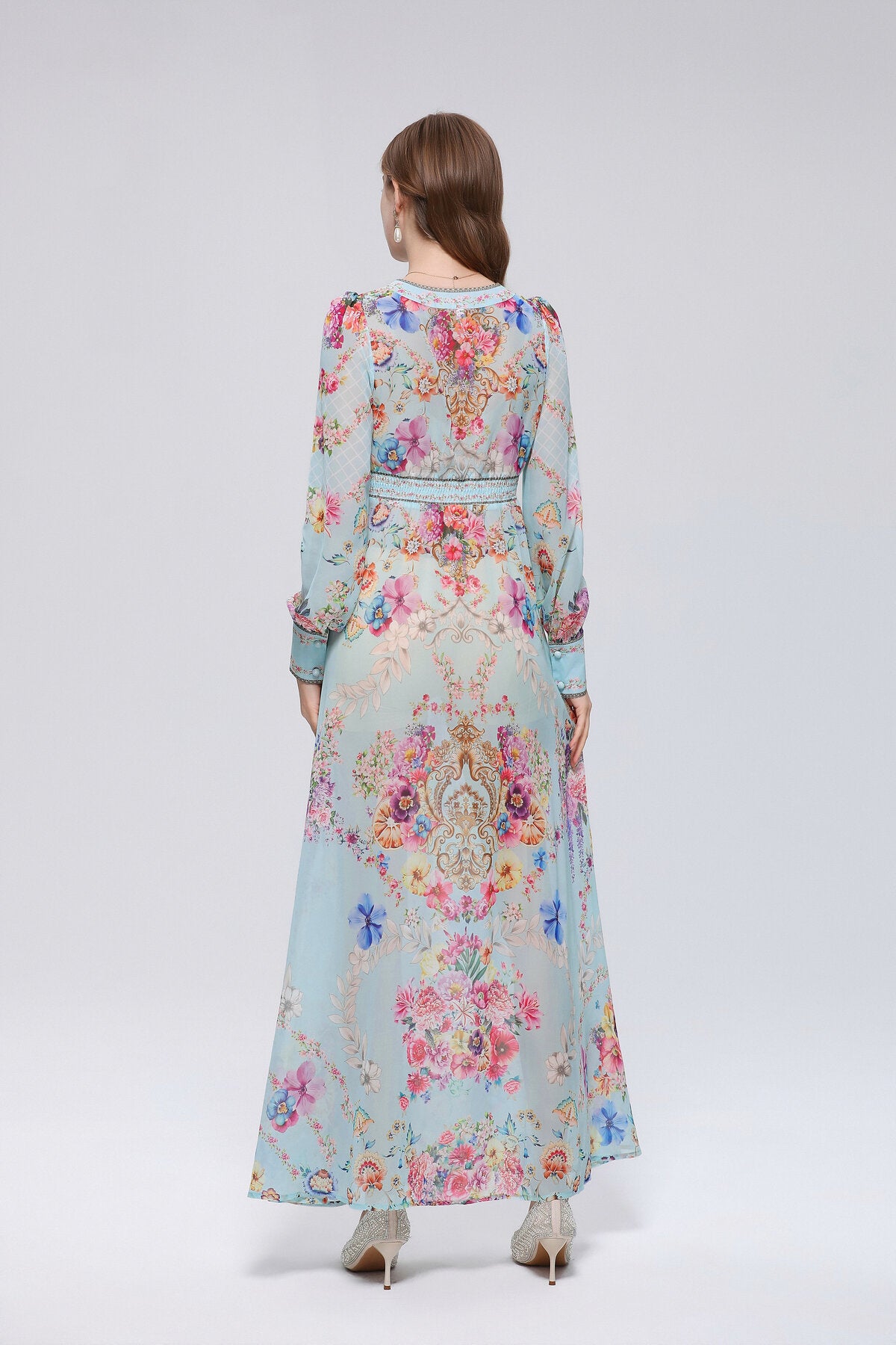 Floral Damask Print Deep V-Neck Maxi Dress with Puff Sleeves and Empire Waist Trim
