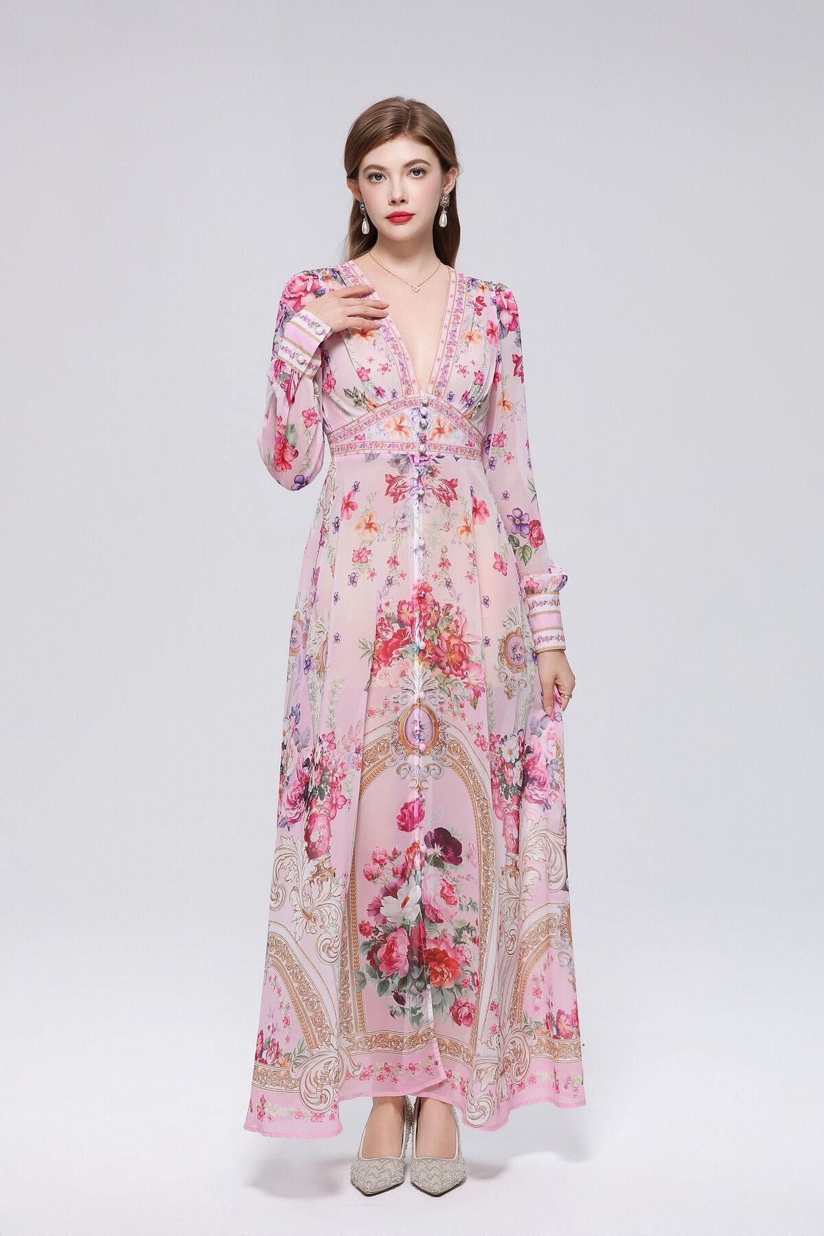 Floral Damask Print Deep V-Neck Maxi Dress with Puff Sleeves and Empire Waist Trim