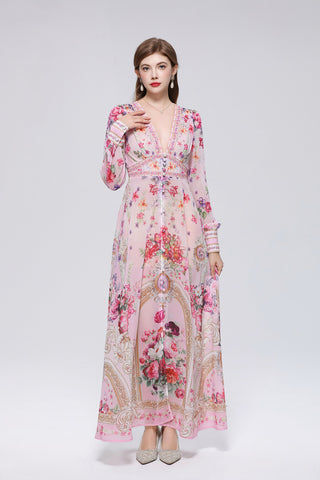 Floral Damask Print Deep V-Neck Maxi Dress with Puff Sleeves and Empire Waist Trim