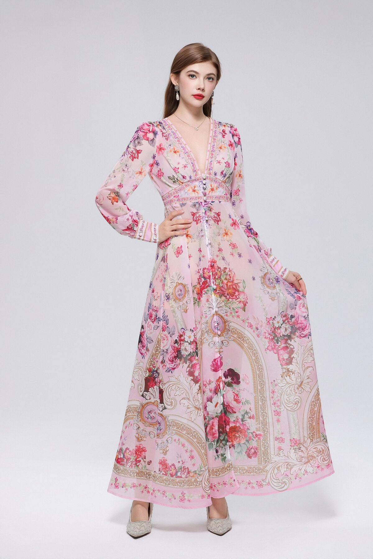 Floral Damask Print Deep V-Neck Maxi Dress with Puff Sleeves and Empire Waist Trim
