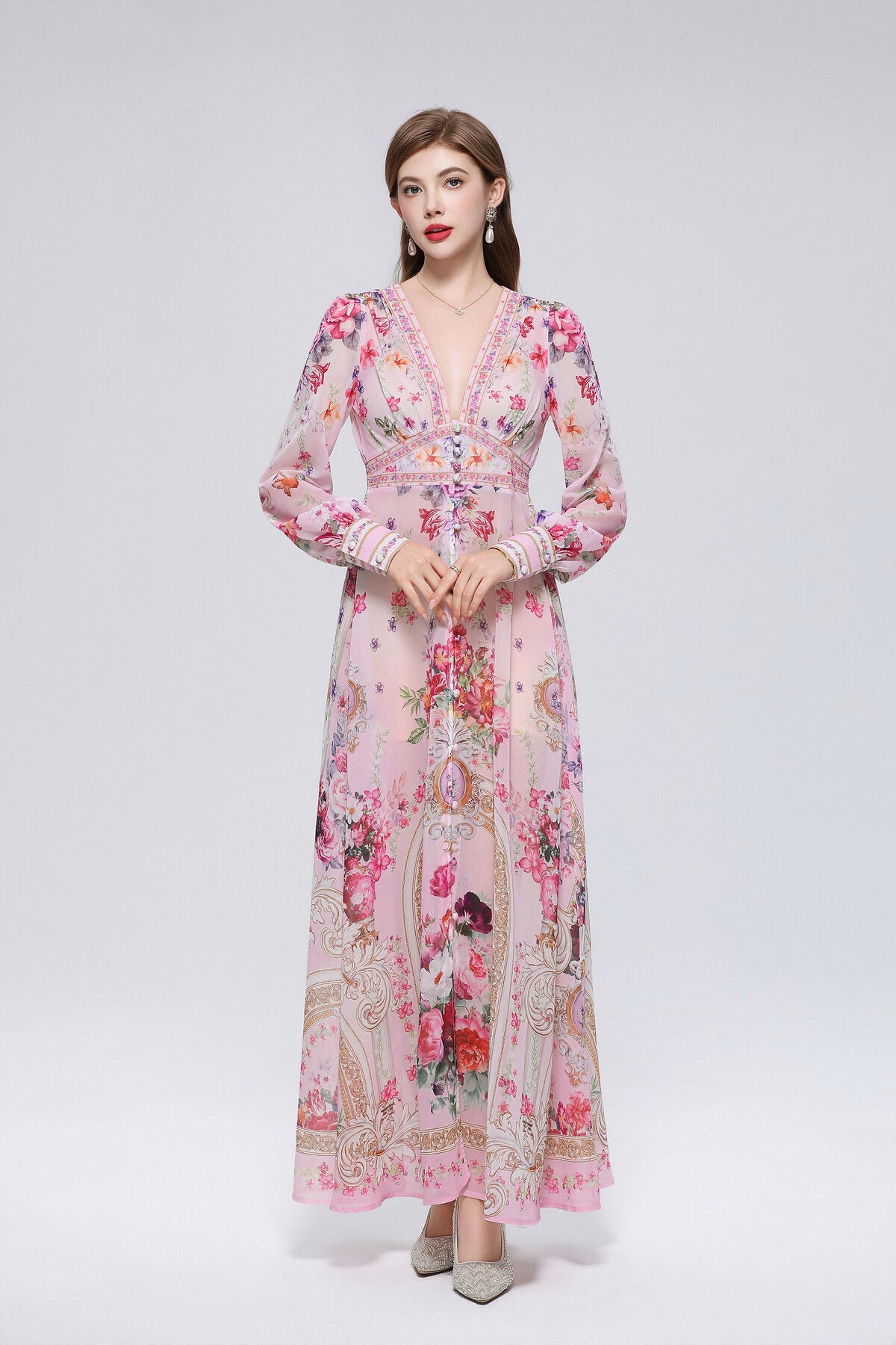 Floral Damask Print Deep V-Neck Maxi Dress with Puff Sleeves and Empire Waist Trim