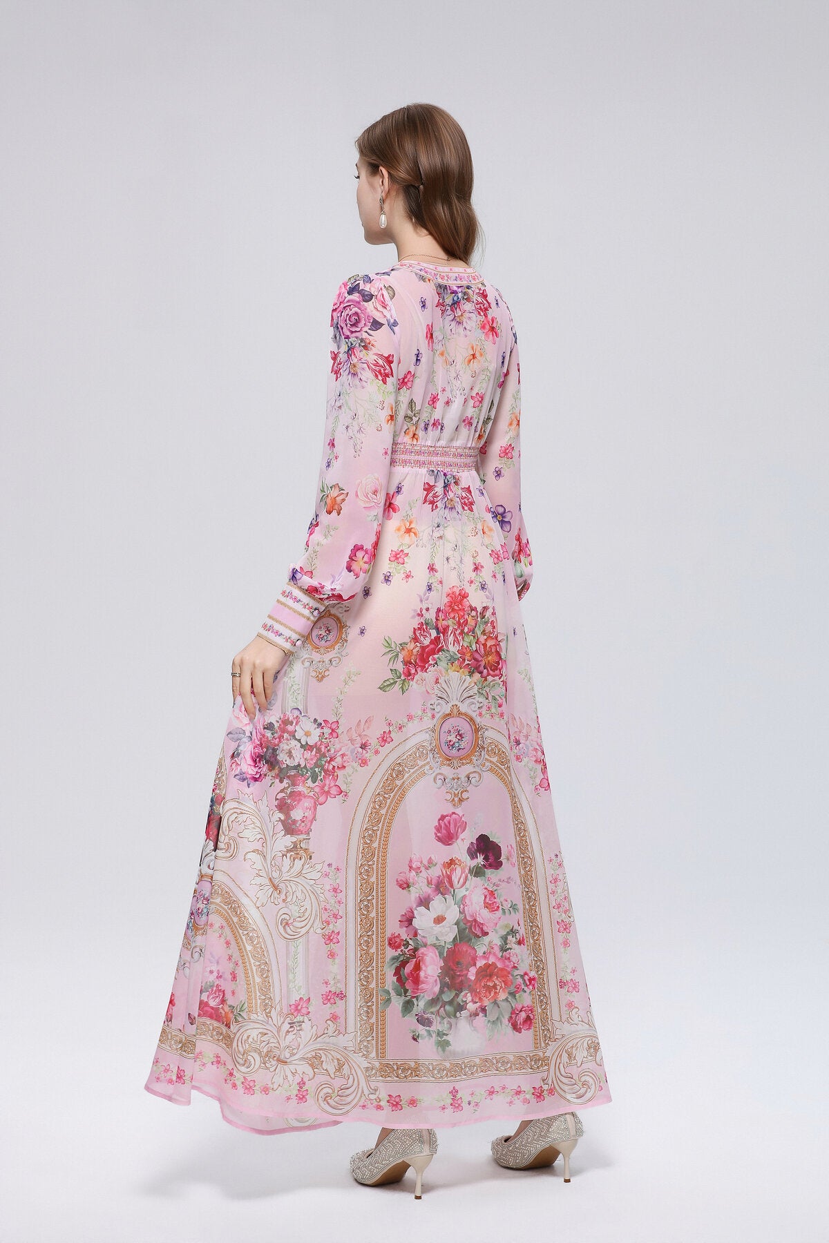 Floral Damask Print Deep V-Neck Maxi Dress with Puff Sleeves and Empire Waist Trim