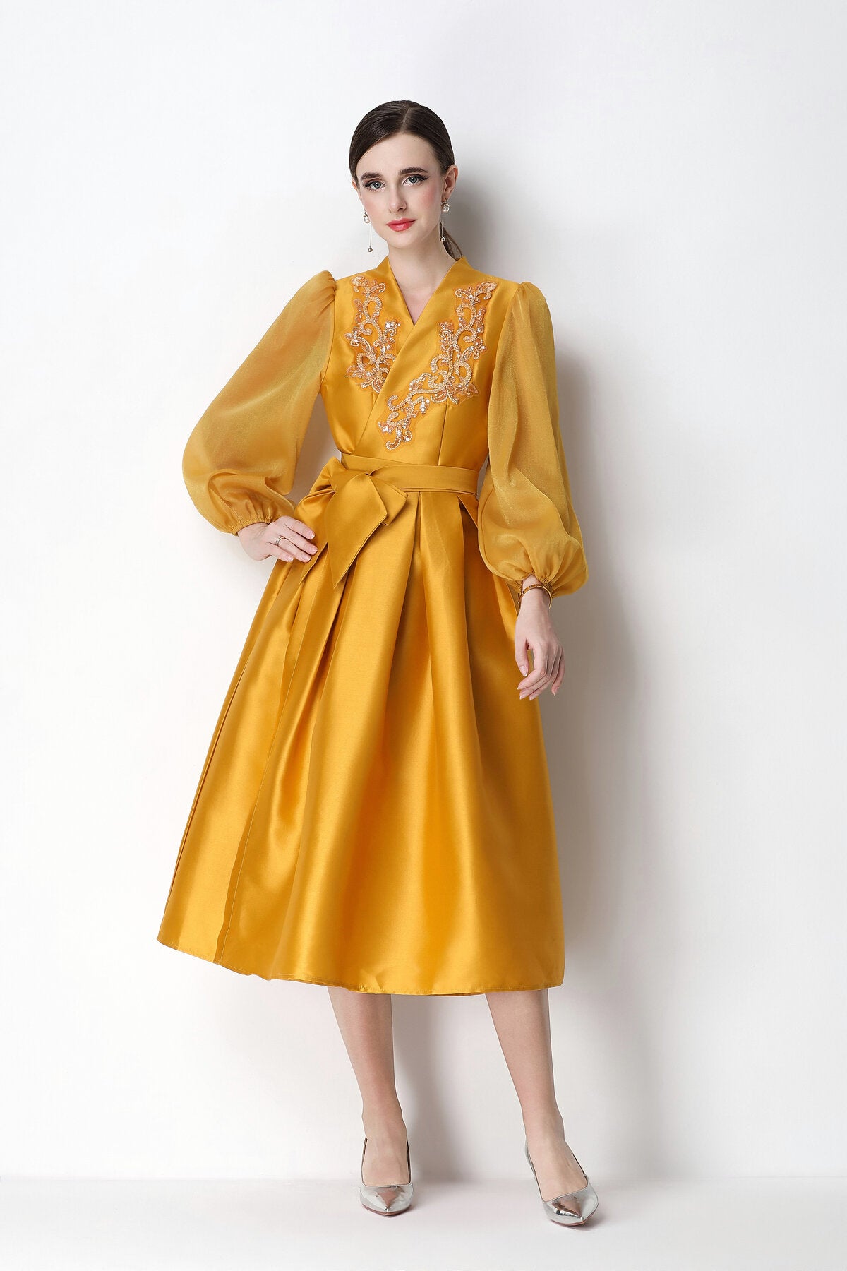 Beaded Satin Wrap V-Neck Balloon-Sleeve Midi Dress