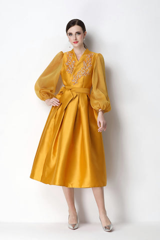 Beaded Satin Wrap V-Neck Balloon-Sleeve Midi Dress