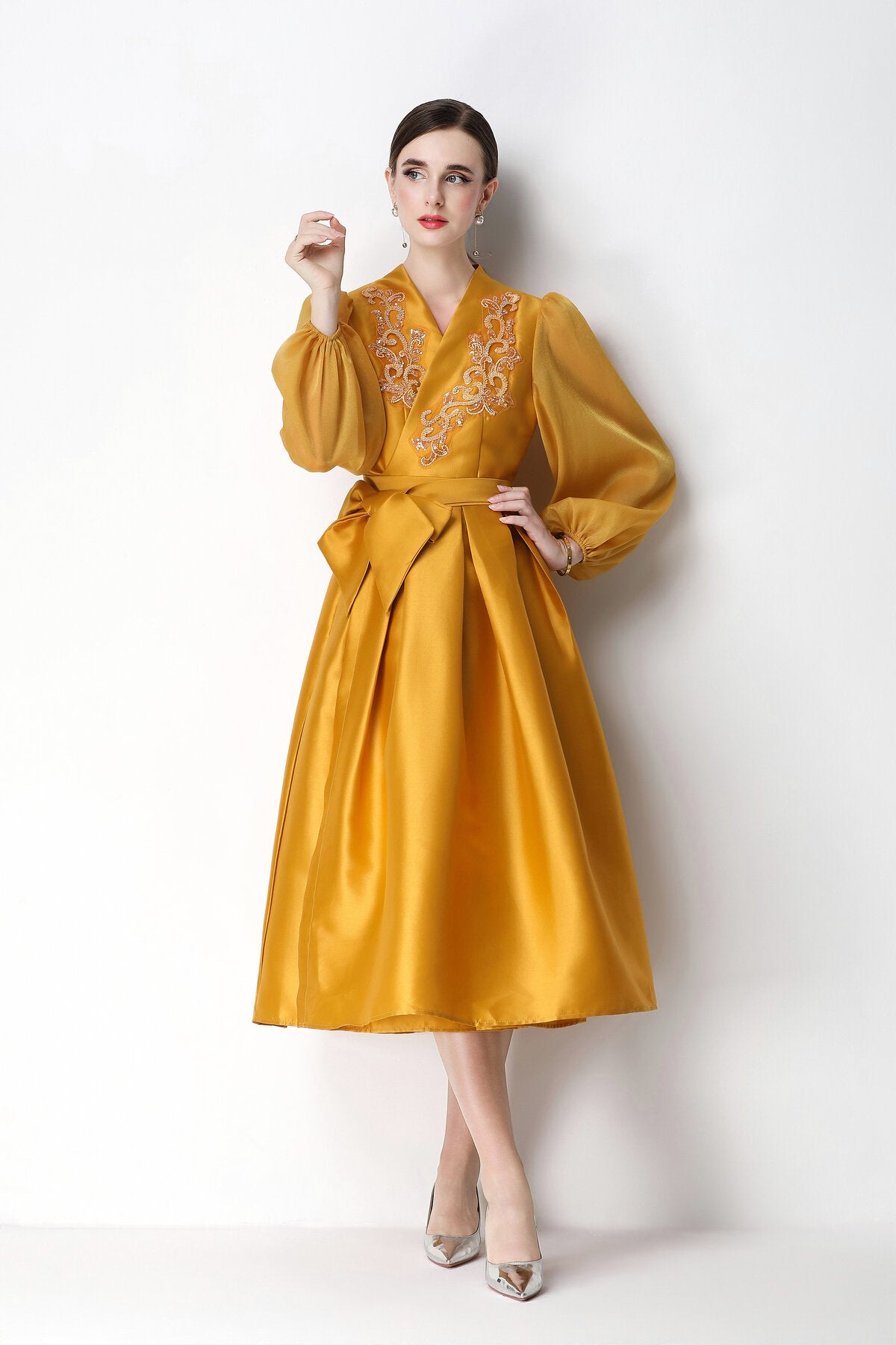 Beaded Satin Wrap V-Neck Balloon-Sleeve Midi Dress