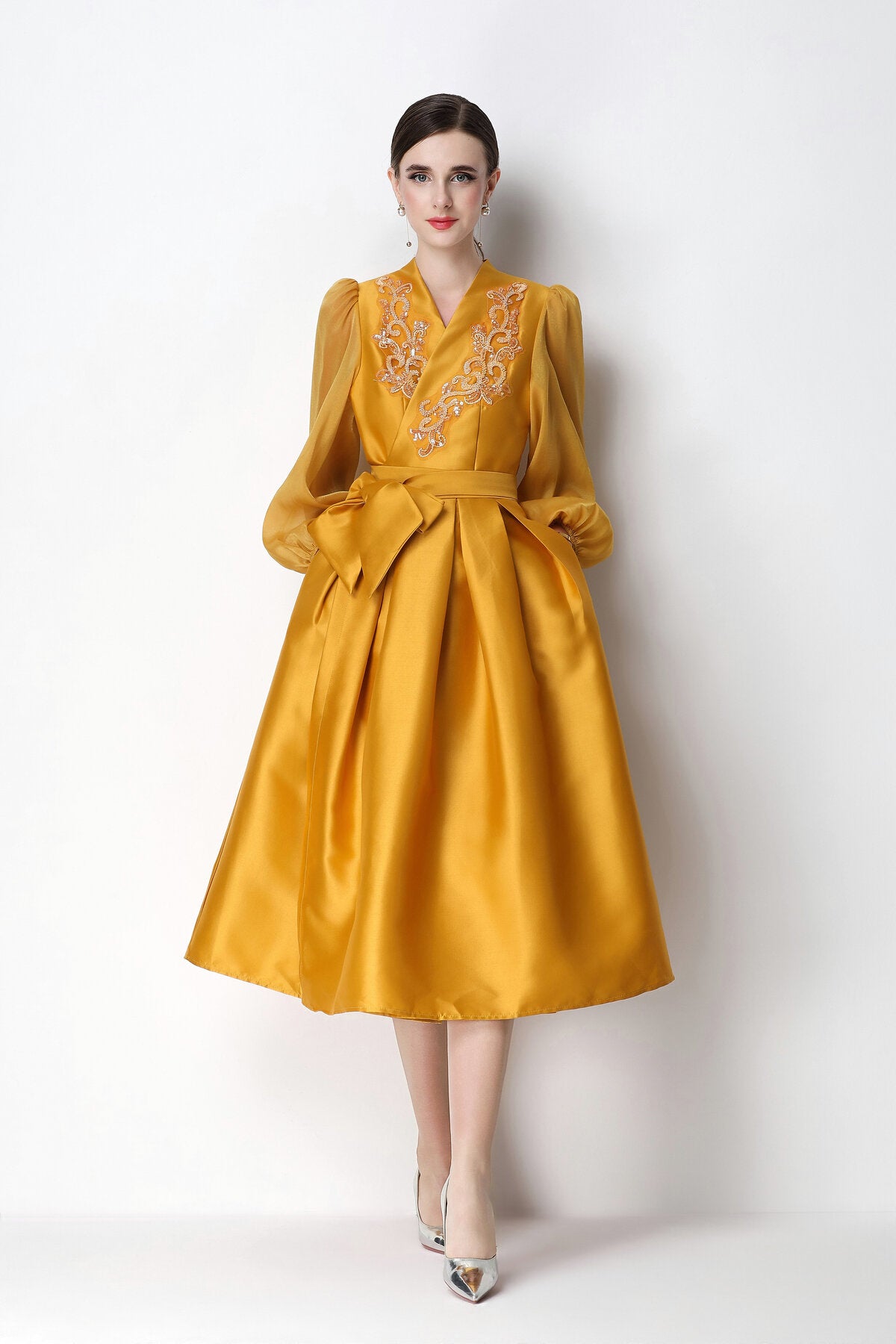 Beaded Satin Wrap V-Neck Balloon-Sleeve Midi Dress