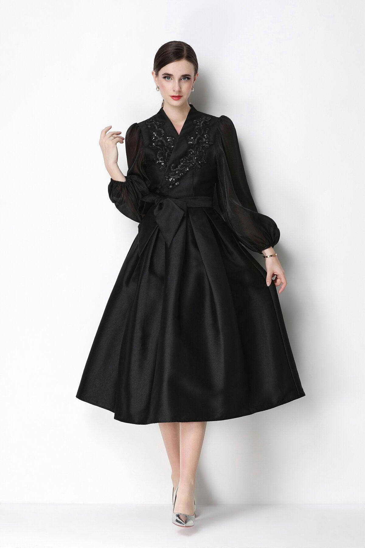Beaded Satin Wrap V-Neck Balloon-Sleeve Midi Dress