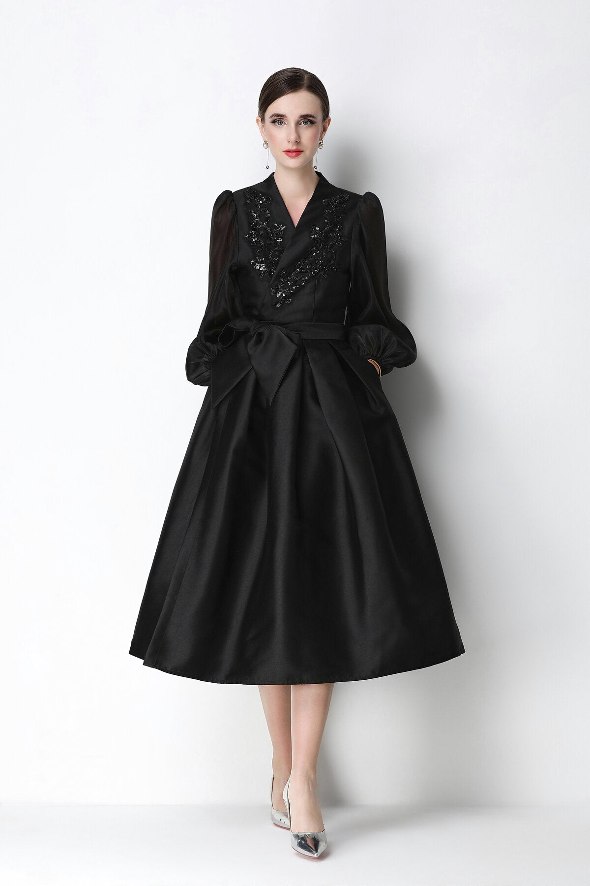 Beaded Satin Wrap V-Neck Balloon-Sleeve Midi Dress