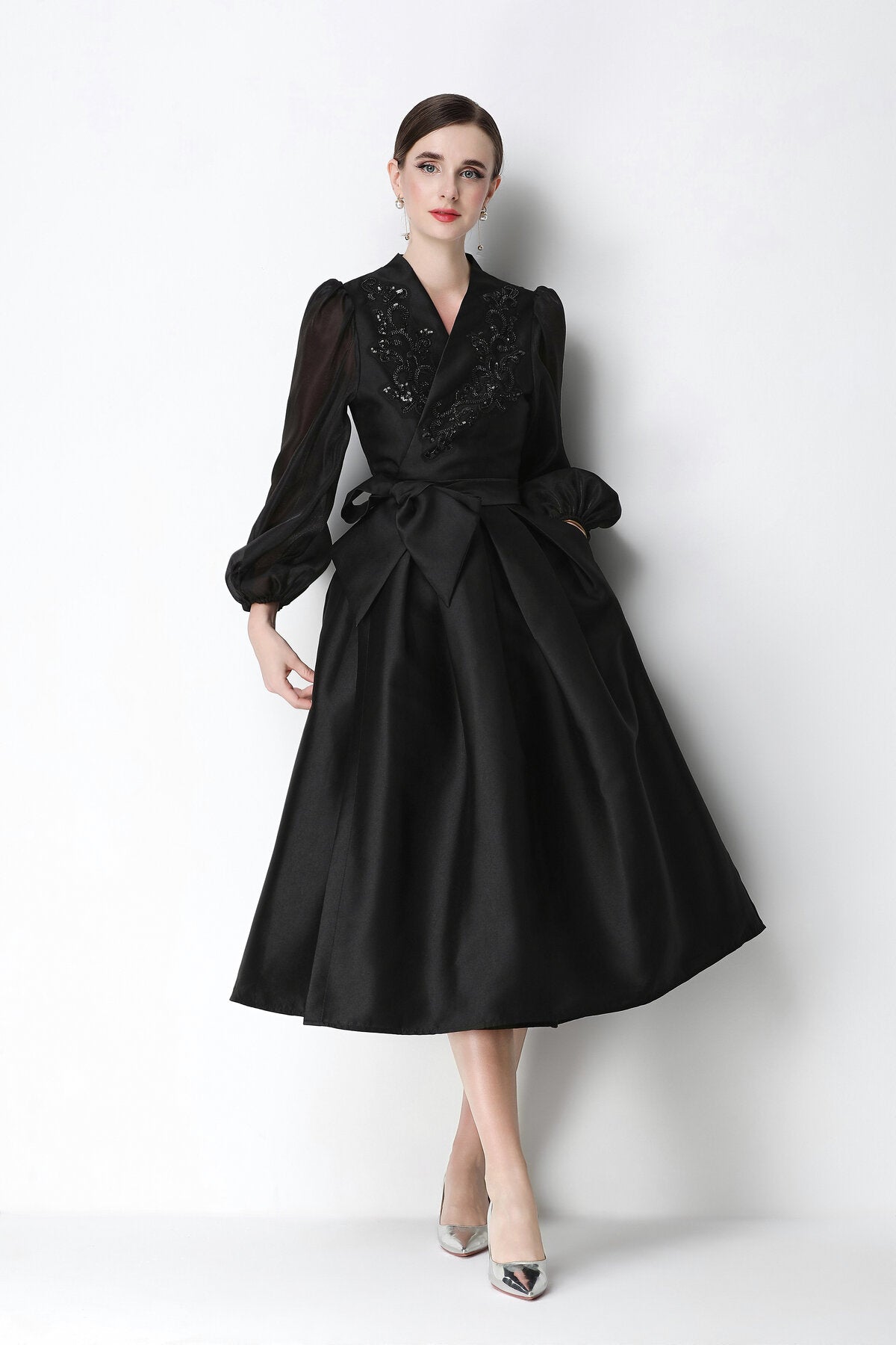 Beaded Satin Wrap V-Neck Balloon-Sleeve Midi Dress