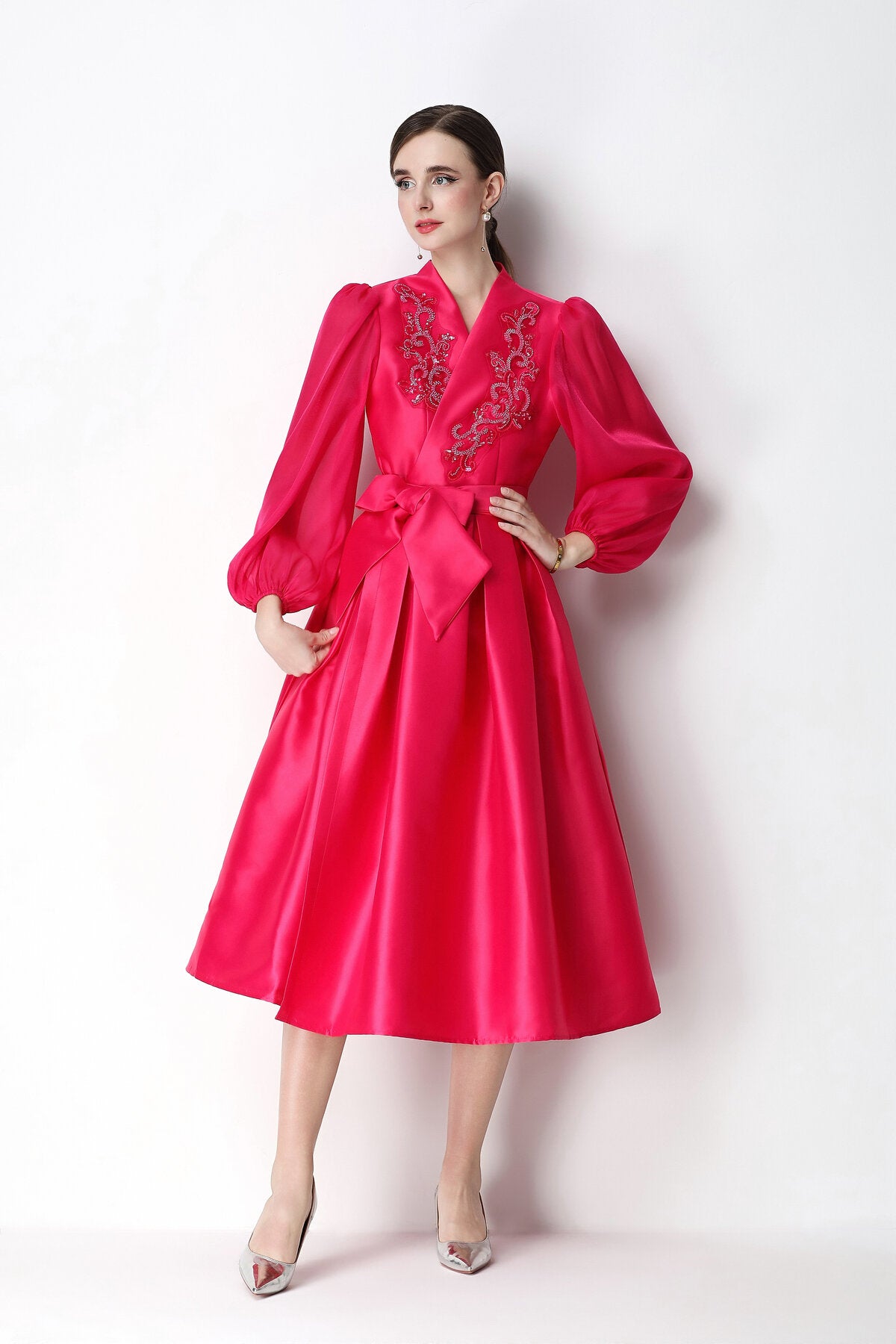 Beaded Satin Wrap V-Neck Balloon-Sleeve Midi Dress
