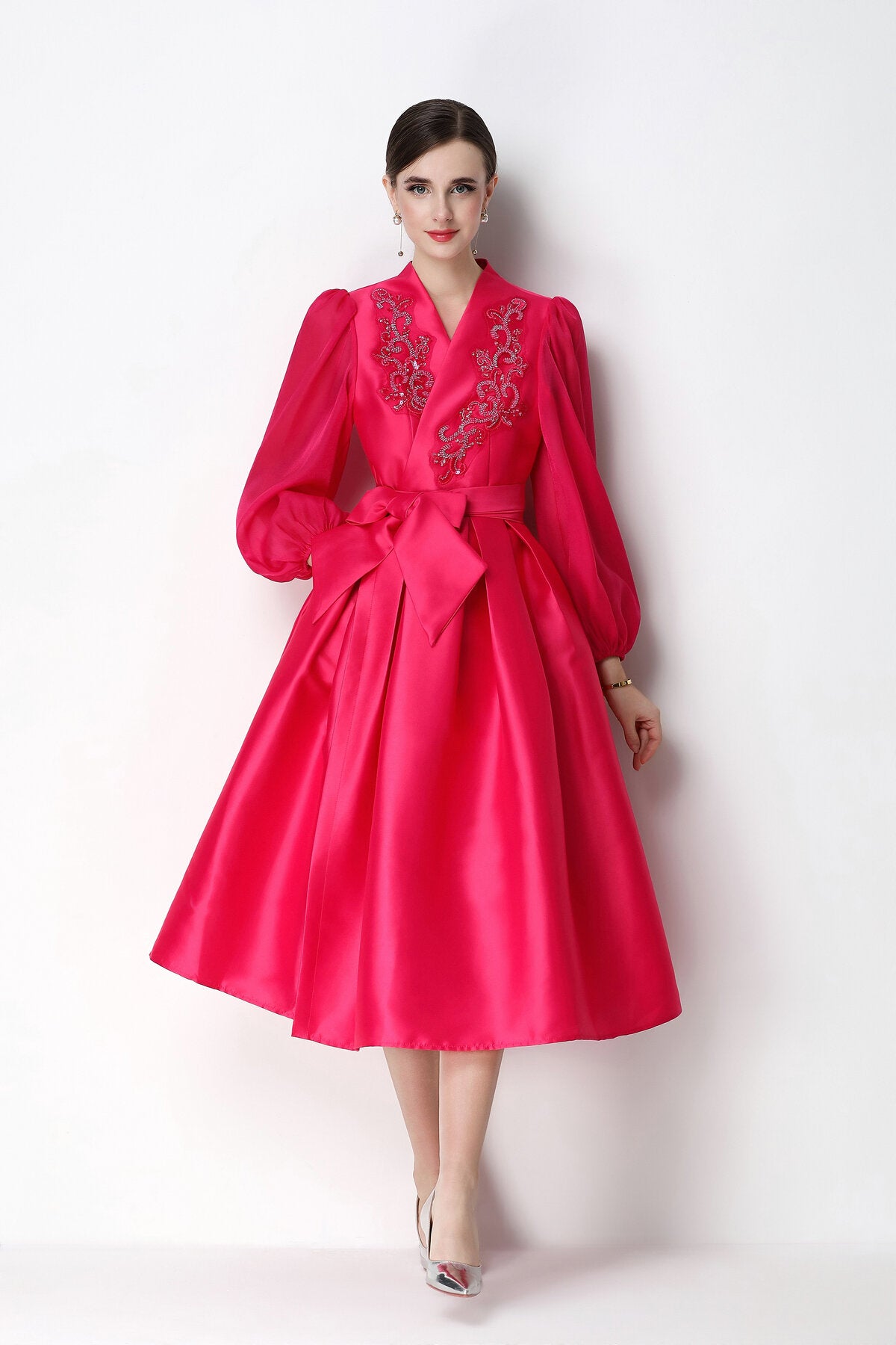 Beaded Satin Wrap V-Neck Balloon-Sleeve Midi Dress