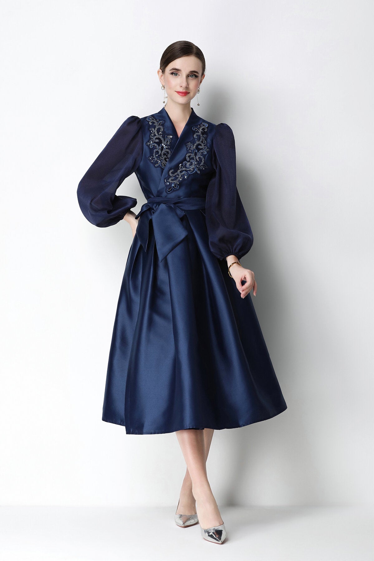 Beaded Satin Wrap V-Neck Balloon-Sleeve Midi Dress