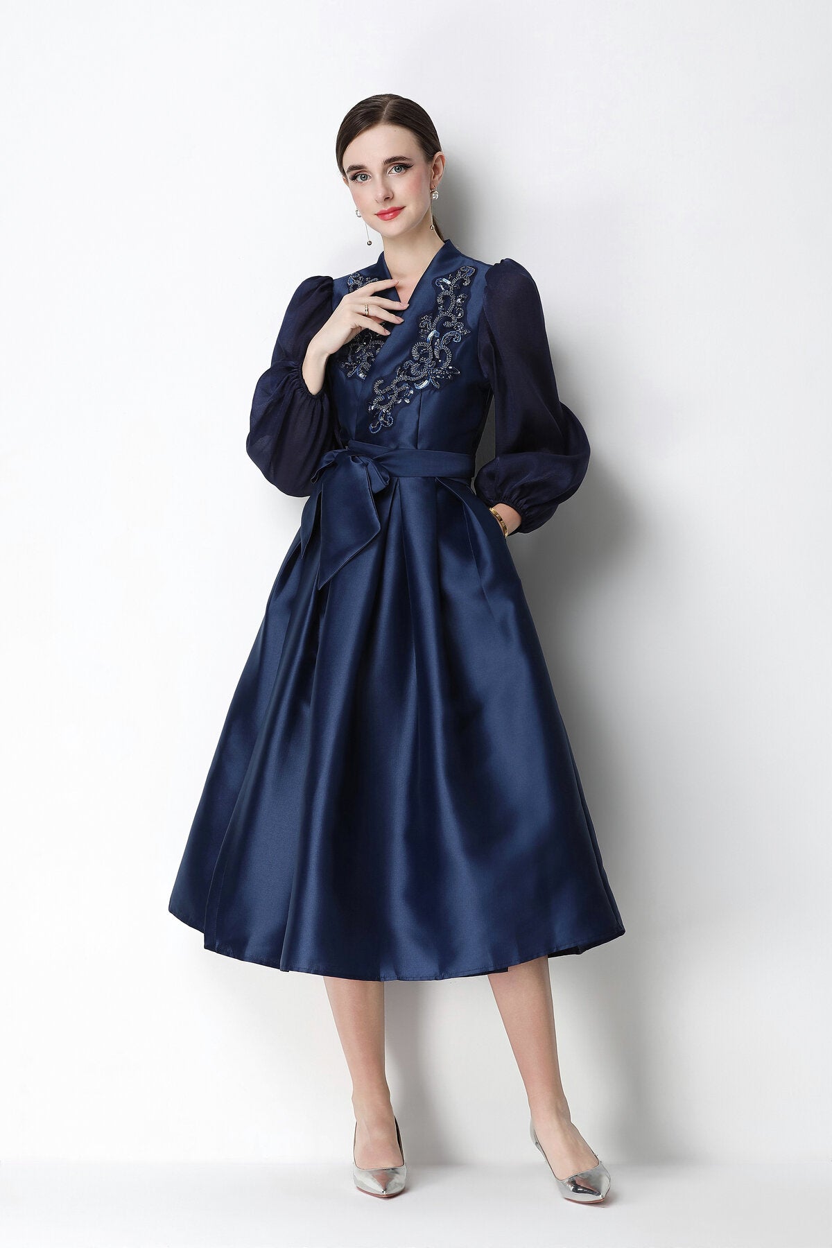 Beaded Satin Wrap V-Neck Balloon-Sleeve Midi Dress