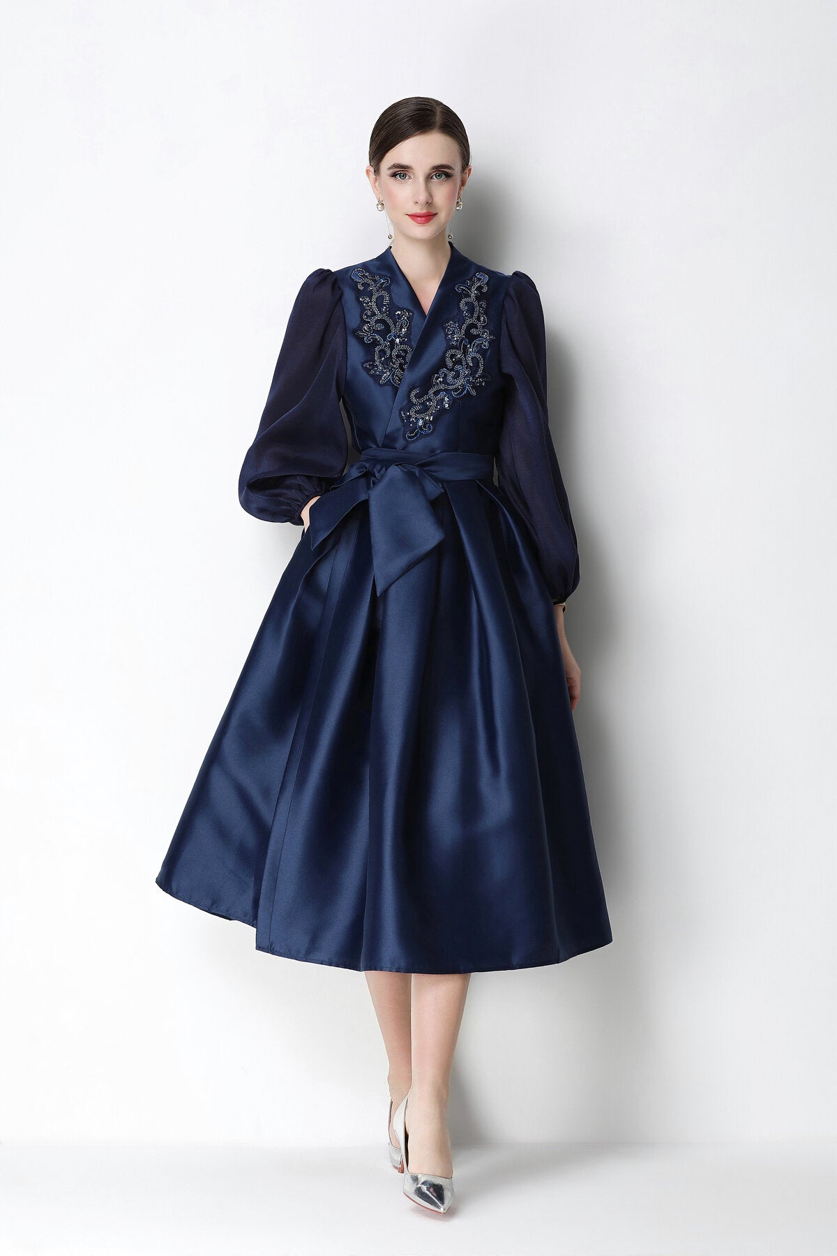 Beaded Satin Wrap V-Neck Balloon-Sleeve Midi Dress