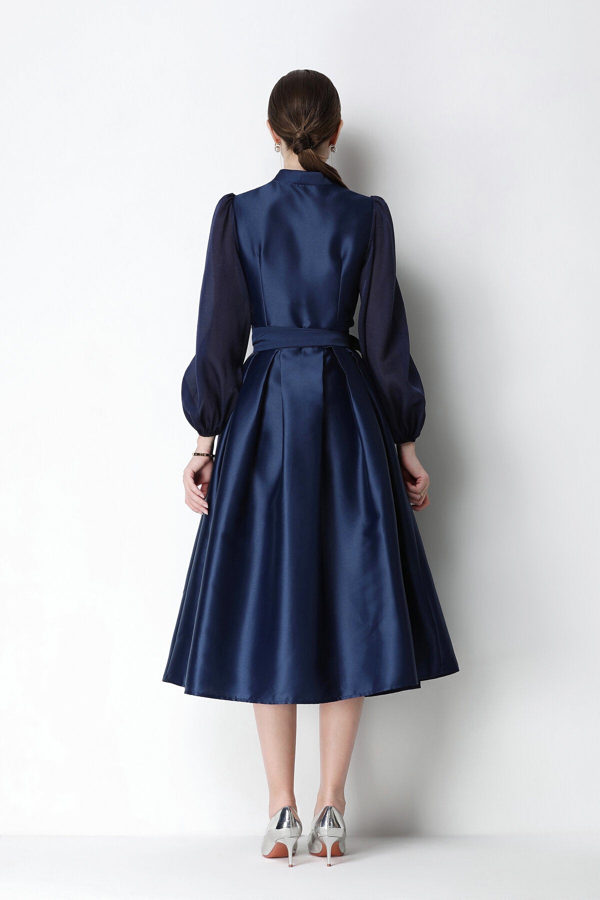Beaded Satin Wrap V-Neck Balloon-Sleeve Midi Dress
